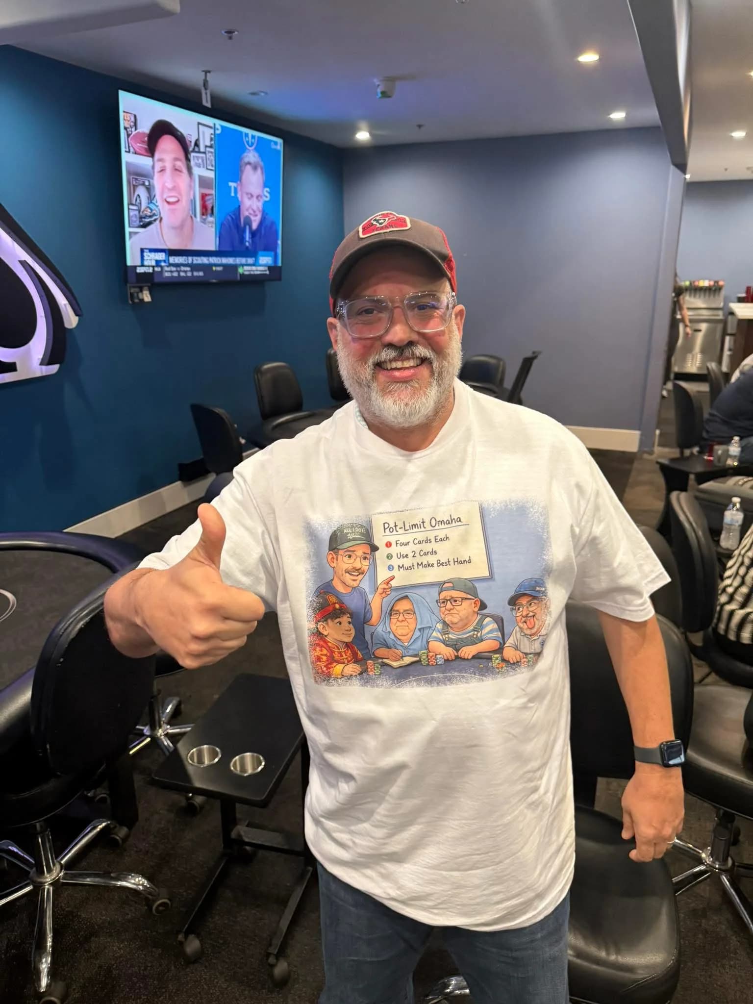 PLO Show fan in the white Pot-Limit Omaha lifestyle tee